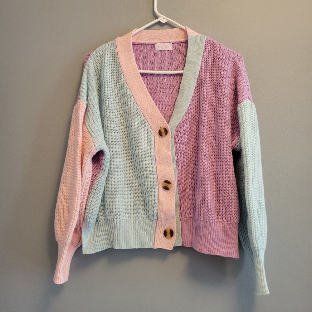 Pink Lily Colorblock Button Sweater Womens Medium Spring Easter Pastel Knit - Picture 4 of 8